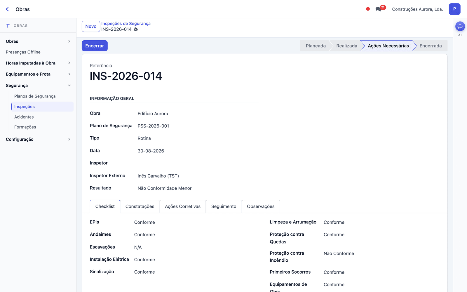 An inspection record with the checklist
